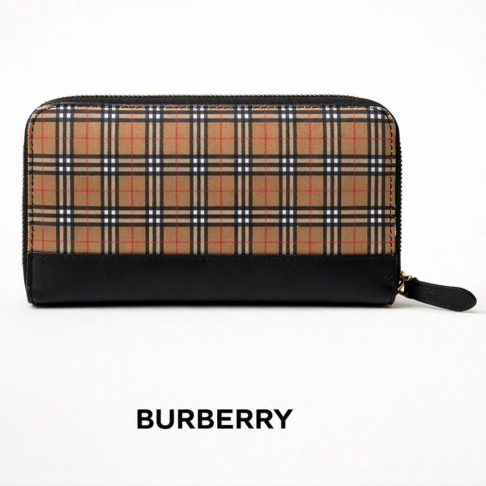 VTG Burberry Zip Around Wallet Clutch Black Leather House Check Canvas Preppy